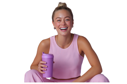 Joyful blonde woman with a top bun smiling brightly in a pink outfit holding a purple shaker.