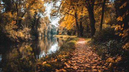 Obraz premium Autumnal path by a tranquil waterway.