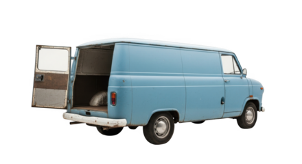 Retro Blue Van PNG Transport Vehicle with Open Doors Cargo Delivery Vehicle