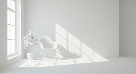 Minimalist interior design all white room with chair and plant near window for home decor ideas