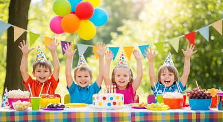 A group of happy children having an outdoor birthday party in a sunny garden.
