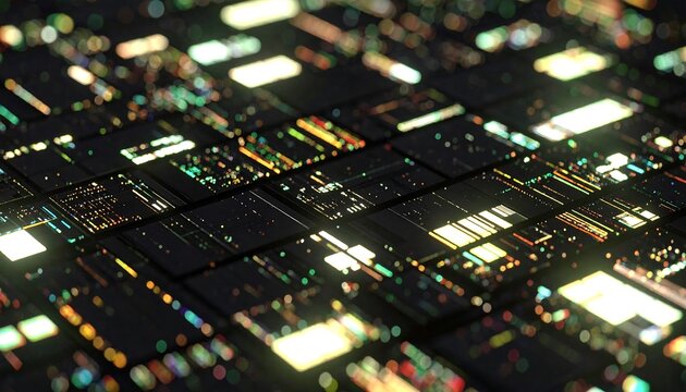 Abstract grid of glowing squares and lines, creating a complex, technological pattern