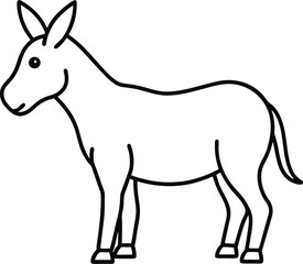 Simple black and white outline drawing of a donkey standing on a white background animal mammal