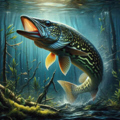 Underwater view of northern pike swimming among plants. Deep blue tones with strong realism, ideal for t-shirt prints and outdoor merch