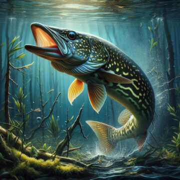Underwater view of northern pike swimming among plants. Deep blue tones with strong realism, ideal for t-shirt prints and outdoor merch