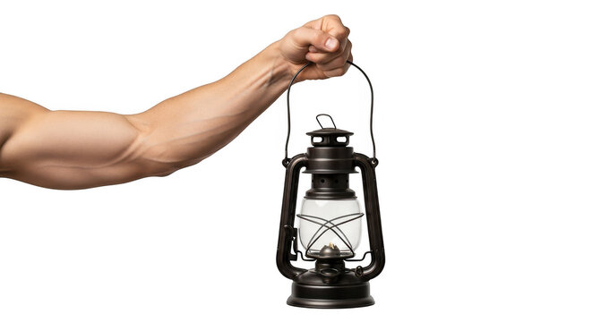Arm holding vintage lantern isolated on transparent background