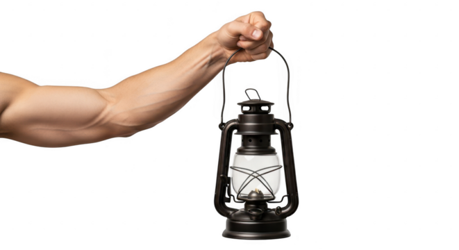 Arm holding vintage lantern isolated on transparent background
