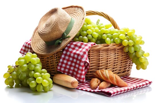 A woven picnic basket filled with fresh green grapes and bread is placed on a red and white checked blanket with a straw hat