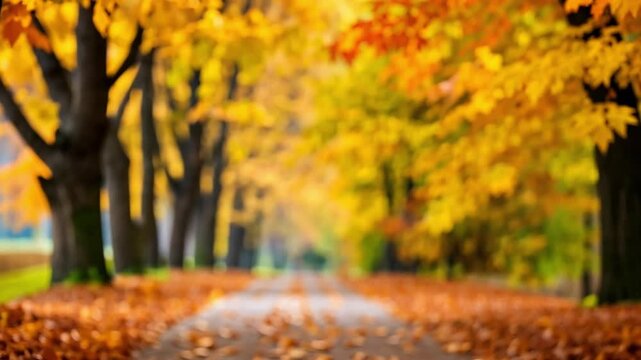 Close-up of colorful maple leaves with a blurred background of a park path covered in fallen leaves during autumn