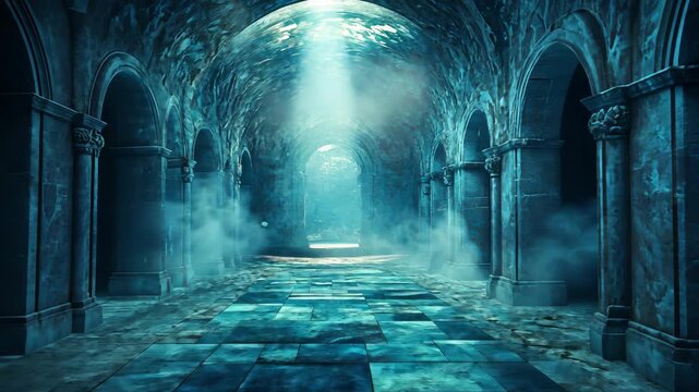 Cinematic Journey Through an Ancient Arched Stone Hallway Bathed in Mysterious Blue Light and Fog.