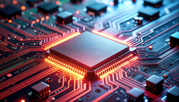 Microchip Circuit Detail with Red Neon Electric Traces