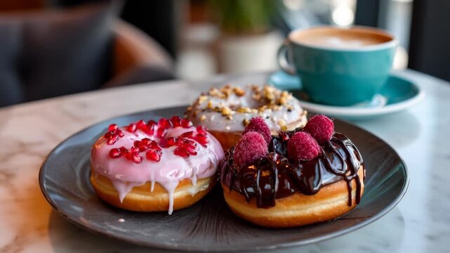 A colorful and delicious assortment of donuts arranged artfully with a cup of coffee
