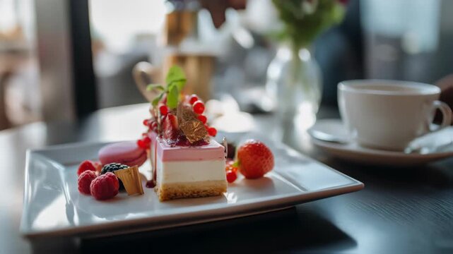 Delicious Dessert with Red Berries and cup of coffee on the table
