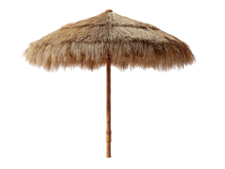 A thatched beach umbrella, light brown in color,  against a black background.  The woven thatch is layered, creating a rounded canopy shape. A central pole supports the umbrella