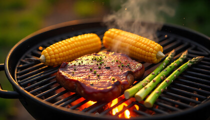 Grilled Meat and Vegetables on a Barbecue Grill