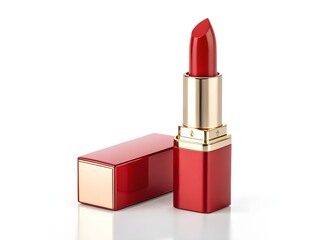 Elegant red lipstick with gold accents on a white background