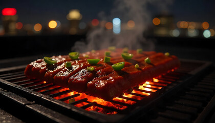Grilled Meat and Vegetables on a Barbecue Grill