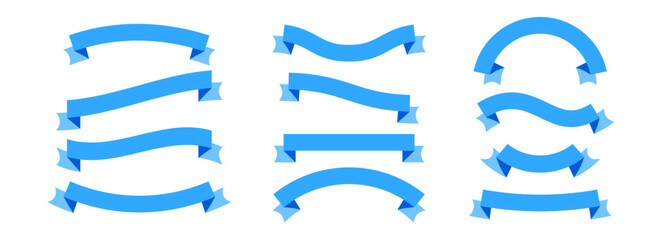 Blue ribbon banner set. Wavy and curved ribbons collection for emblem, sticker, advertising, poster, promotion, frame. Vintage label element bundle for graphic design template. Vector