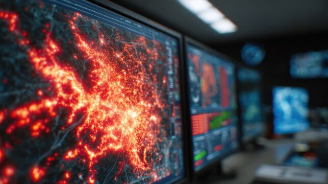 Medium shot of a glowing 3D wildfire map projected in a control room with clear emphasis on the vibrant data patterns and sensor readouts the surrounding tech environment gently
