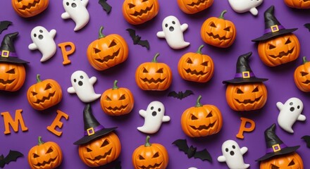 Obraz premium Orange Jack O Lanterns White Ghosts Black Bats and Alphabet Letters on Purple halloween pumpkin