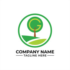 Nature Inspired Logo Design Featuring a Letter G Tree and Green Fields in a Circular Frame