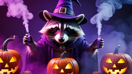Raccoon sorcerer wearing purple wizard robe and hat, conjuring halloween magic with glowing carved pumpkins and colorful smoke