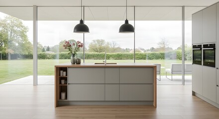 Modern Kitchen Interior with Island and Outdoor View
