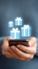 Digital Gifts: A person holds a smartphone with floating holographic gift boxes, a symbol of online shopping, special offers, and digital surprises.