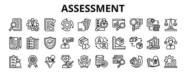 30 Assessment Line Icons Vector - assessment, expert, validity, evaluation, analyzing, outcome, knowledge, audit, diagnostic, opportunity