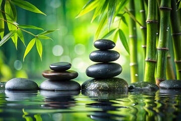 Naklejka premium Stacked smooth stones create a perfect balance in the tranquil water surrounded by lush green bamboo and soft natural light