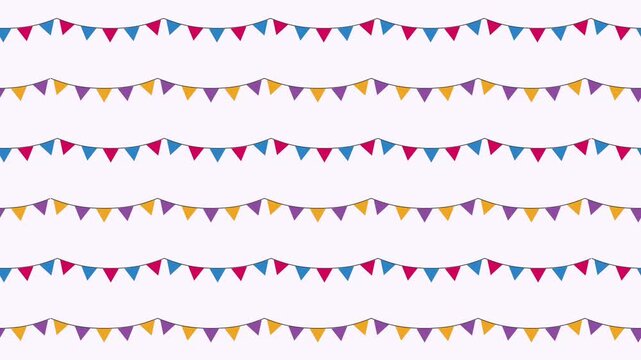 A repeating pattern of brightly colored triangle flags hanging in a row. The flags are red, blue, yellow, and purple