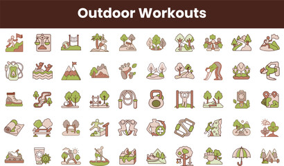 A vibrant collection of outdoor workout icons, showcasing various activities like hiking, yoga, and cycling, emphasizing fitness in nature with earthy colors.