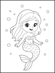 Illustration of a cute mermaid coloring page for kids. Adorable cartoon character for kids. Black and white Printable mermaid coloring page for kids.	

