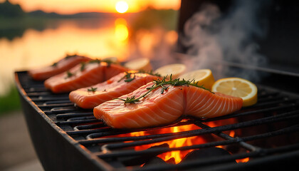 Grilled Meat and Vegetables on a Barbecue Grill