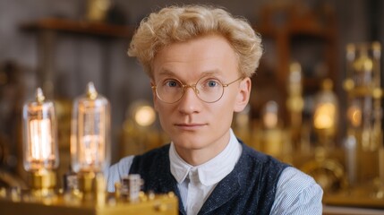 Scientist Portrait with Antique Equipment: A focused scientist gazes intently, framed by intricate antique scientific equipment, and radiating an aura of intellectual curiosity.