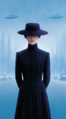 Mysterious Figure in the City: A lone figure, cloaked in an air of mystery and elegance, stands amidst a futuristic cityscape, embodying poise and intrigue.