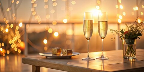 Romantic Sunset Celebration with Sparkling Wine and Festive Treats on a Wooden Table