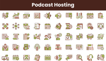 A collection of colorful icons representing various aspects of podcast hosting, including recording, editing, and publishing, all in a harmonious design.