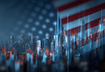 Abstract holographic financial graph overlaying USA flag and cityscape, virtual reality, forex