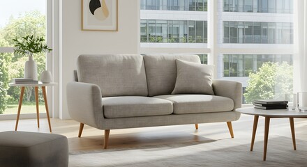 Modern Living Room Interior with Sofa, Window, and Decor