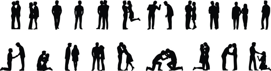 Romantic couple silhouette set, love scenes, hugging, kissing, proposal, emotional poses, relationship moments, people interaction, dramatic expressions, affection