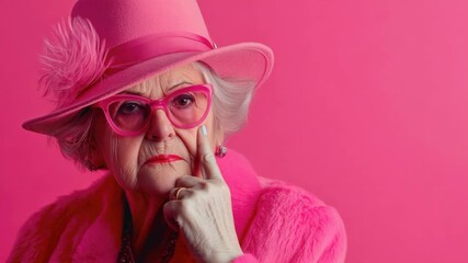 An elderly woman with a sense of style, adorned with pink clothing and accessories.
