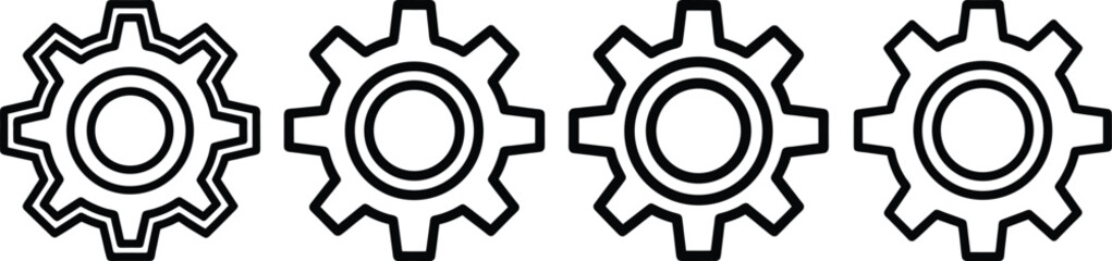 Four black outline gears arranged horizontally on a white background cogwheel mechanical 1