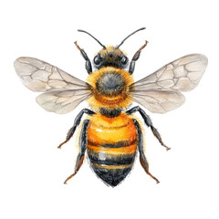 Detailed illustration of a honeybee.  Honeybee in flight.  Striped body,  and translucent wings.  Visible antennae,  and delicate structure