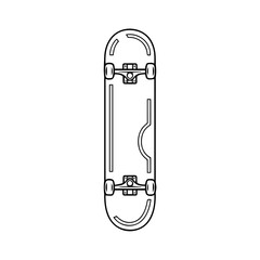 A monochrome illustration of a skateboard, viewed from above, showing its components.
