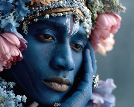 Premium Close-Up of Traditional Blue Deity with Intricate Ornaments and Floral Crown for Spiritual and Cultural Marketing Campaigns