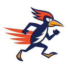 Cartoon woodpecker character running fast with fiery tail