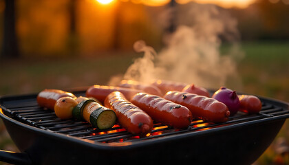 Grilled Meat and Vegetables on a Barbecue Grill
