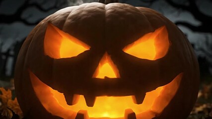 Carved jackolantern glows menacingly in a shadowy graveyard setting evoking Halloweens spooky spirit