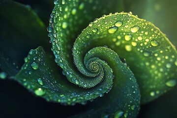 Obraz premium Dew Droplets Adorning a Spiraling Succulent Plant Leaf in Detailed Macro View